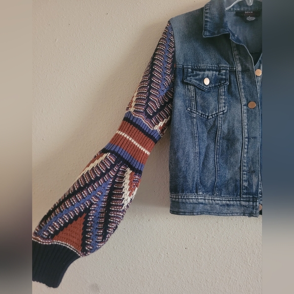 Denim Flying Tomato Sz Small Jacket with Patterned Knit Sleeves - Picture 5 of 7